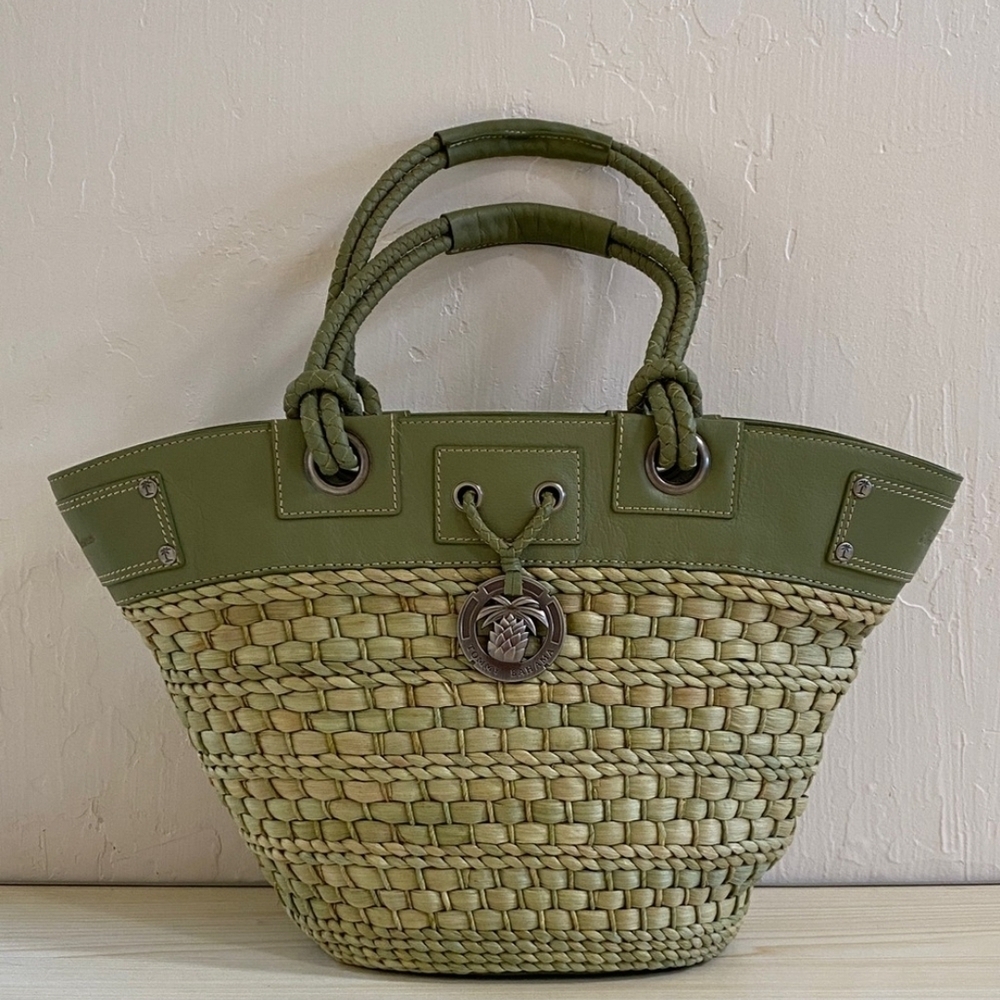 TOMMY BAHAMA Green Leather & Woven Tote Bag